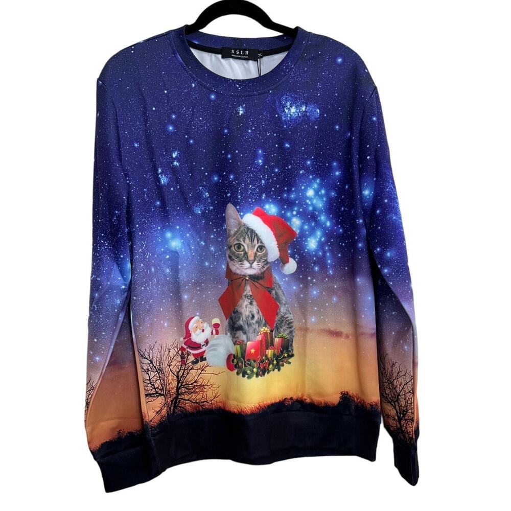 NWT Men's Women's Long Sleeve Humor Cat Christmas Shirt Top Medium